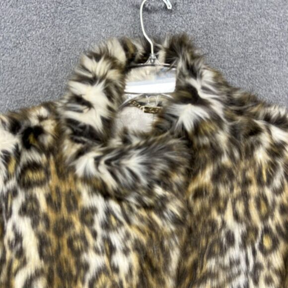 Eliza J Coat Womens Large Brown Faux Fur Animal Print Snap Mid Length Jacket - Picture 2 of 16